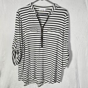 Calvin Klein Striped Zip Blouse Faux Pockets 3/4 Roll-tab Sleeve Black White L